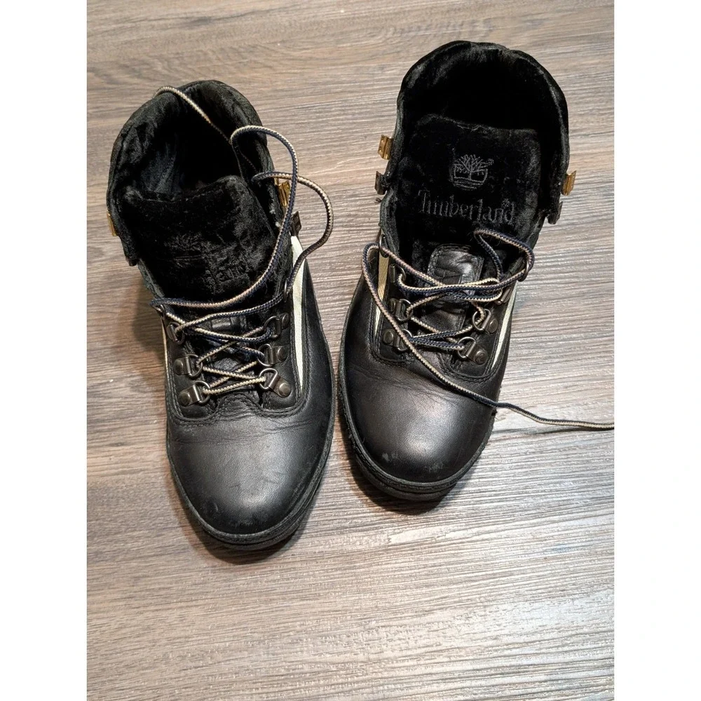 Timberland‎ Euro Hiker Boots Black Leather Tan Fabric Size 8M